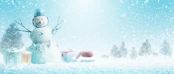 Boneco Neve Feliz Inverno Paisagem Natal — Fotografia de Stock