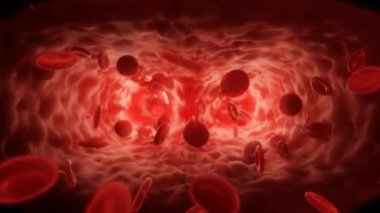 Atardamarda kırmızı kan hücreleri akıyor. 3d video