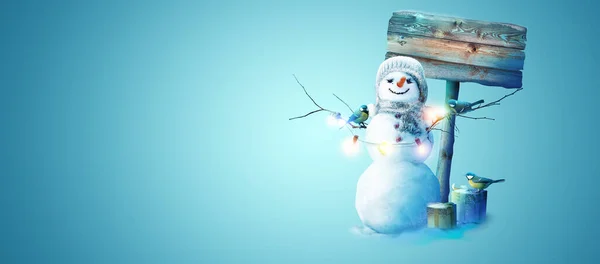 Happy Snowman Standing Winter Christmas Landscape — Stock Photo, Image
