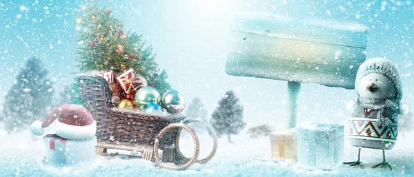 Szczęśliwy Bałwan Stojący Zimie Boże Narodzenie Krajobraz — Zdjęcie stockowe