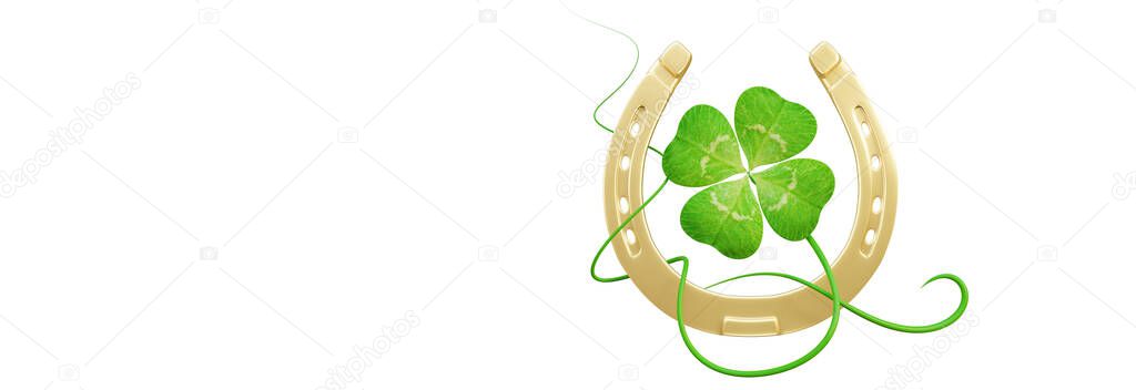 Horseshoe and concept of luck. St. Patricks Day card. 3d illustration