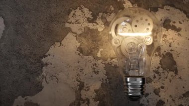 Gears rotate inside bulb. Creativ idea mechanism. 3d render animation.