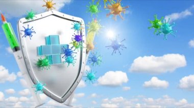 Virüse karşı kalkanlı tıbbi şırınga. 3B video