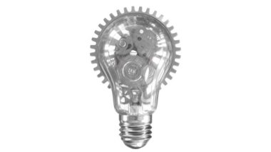 Gears rotate inside bulb. Creativ idea mechanism. 3d render animation.