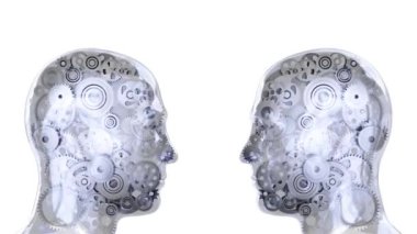 Human head with gears. Business technology concept. 3d animation