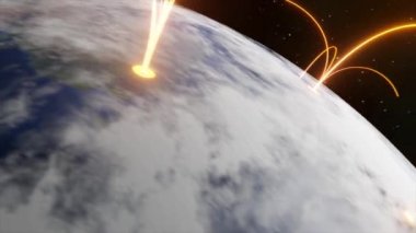 Tech earth globalization in 3d animation. Global Business dots on rotating planet.