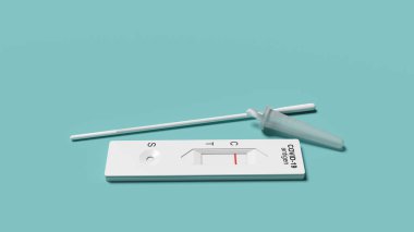Covid hızlı antijen burun testi. Evde ya da Corona test istasyonunda kendini test et. 3d illüstrasyon