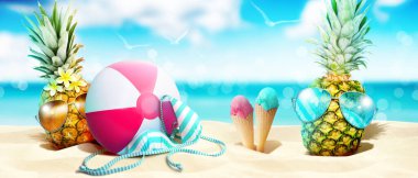 Komik ananaslı tropik yaz tatili konsepti.