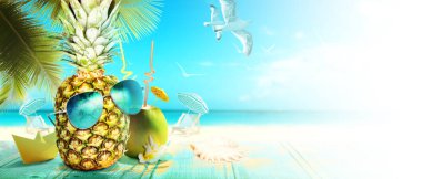 Komik ananaslı tropik yaz tatili konsepti.