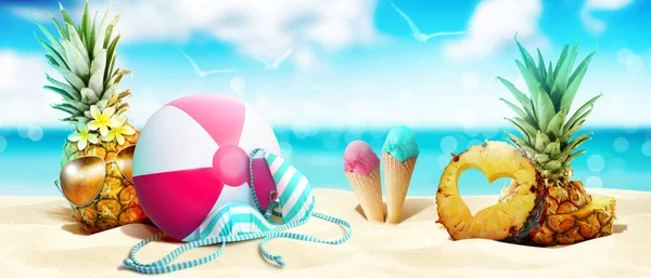 Komik ananaslı tropik yaz tatili konsepti.