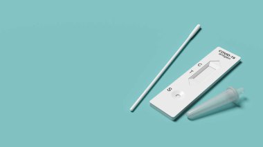 Covid hızlı antijen burun testi. Evde ya da Corona test istasyonunda kendini test et. 3d illüstrasyon