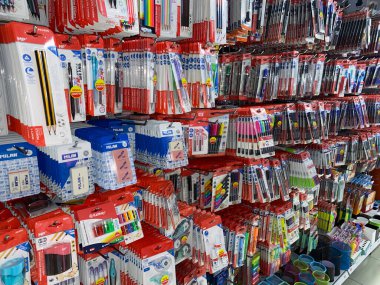 Zaragoza, Spain, September 2, 2022; shelves with school supplies in a stationery store for the beginning of the school year.