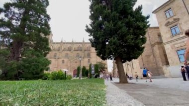 Salamanca, Spain, August 24, 2022; Timelapse of tourists visiting the city of salamanca and its monuments.