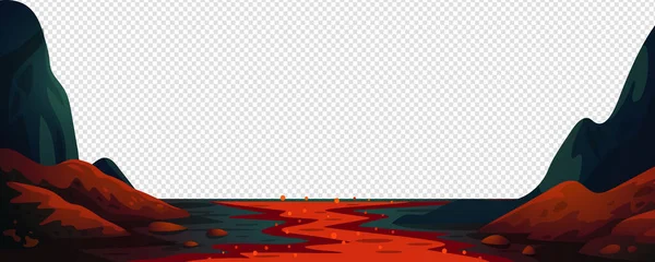 Lavafluss, Fantasielandschaft mit rotem Feuerfluss. Vektorillustration im flachen Cartoon-Stil — Stockvektor