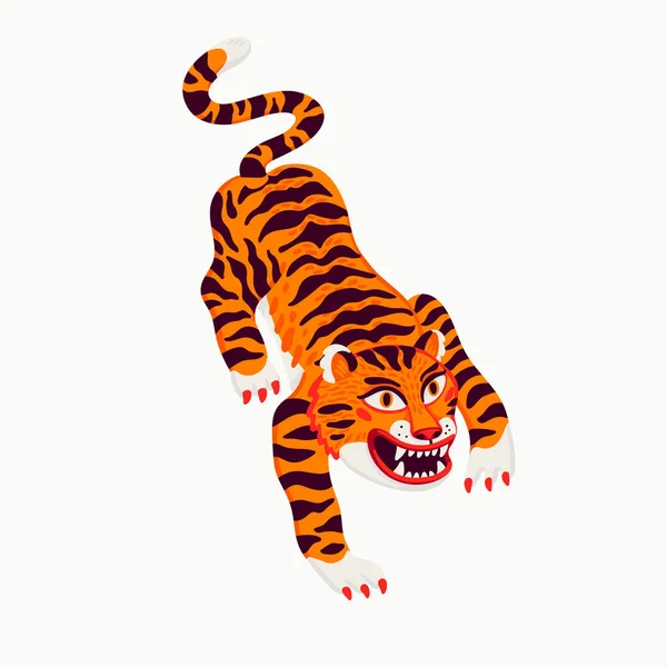 Tijger vector illustratie, cartoon tijger kruipen op witte achtergrond. Organische platte stijl vector illustratie — Stockvector