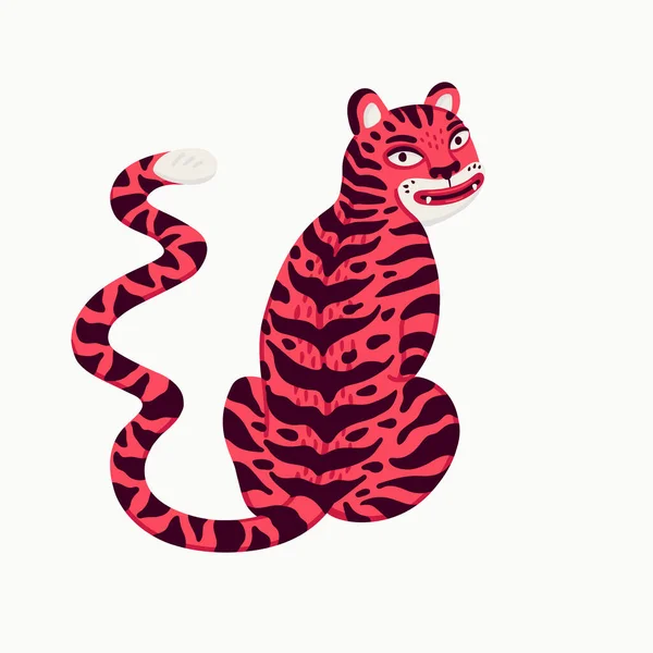 Тигровая векторная иллюстрация, карикатура на розового тигра, сидящего на белом фоне. Органическая плоская векторная иллюстрация — стоковый вектор