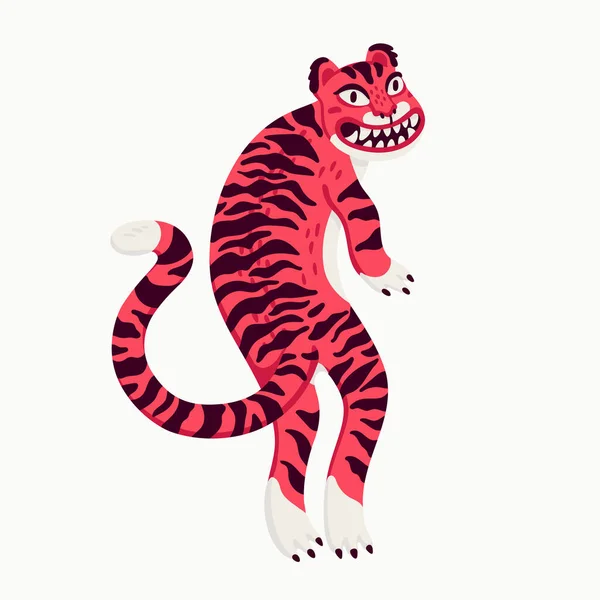 Tiger vector illustration, funny cartoon pink tiger from the back. Organic flat style vector illustration on white background. — Stock Vector