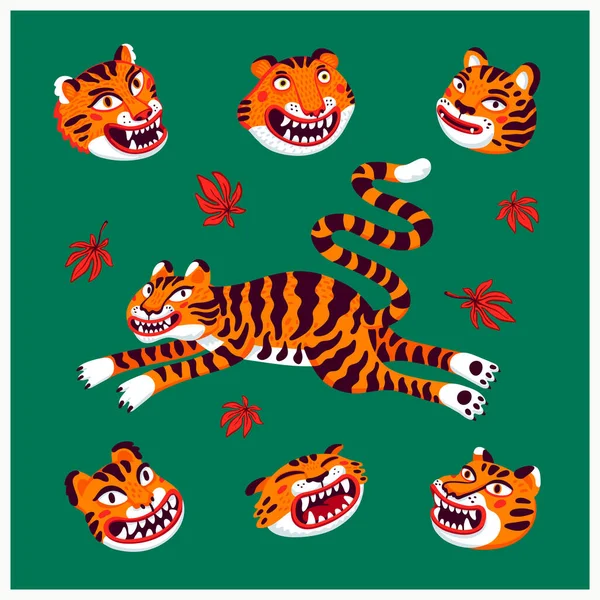 Tiger vector set, jumping tiger and tiger heads in cartoon Asian style. Organic flat style vector illustration.. — Stock Vector