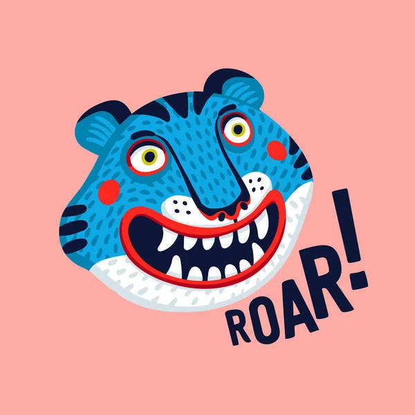 Голова тигра в голубом, лицо тигра-мультяшника смешное и рычащий текст. Органическая плоская векторная иллюстрация — стоковый вектор