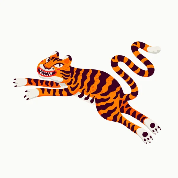 Векторная иллюстрация тигра, прыгающий карикатурный тигр на белом фоне. Органическая плоская векторная иллюстрация — стоковый вектор
