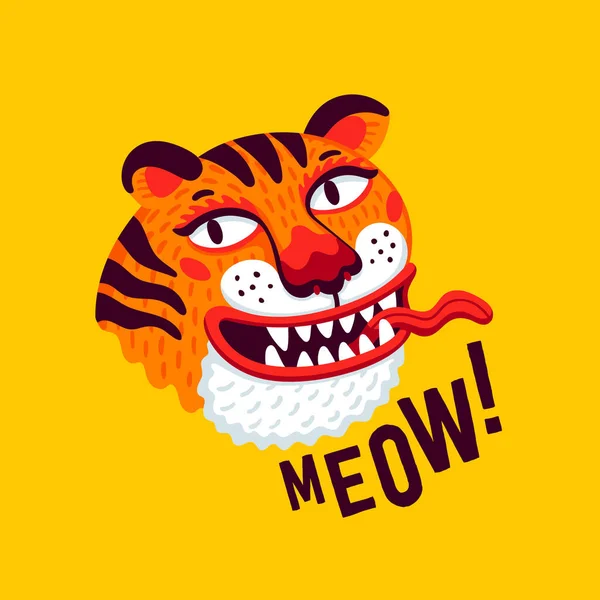 Testa vettoriale di tigre, faccia divertente di tigre dei cartoni animati e testo miagolio su sfondo giallo. Illustrazione vettoriale organica in stile piatto. — Vettoriale Stock