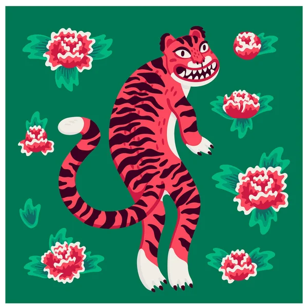 Illustrazione vettoriale tigre, divertente cartone animato rosa tigre sullo sfondo verde con fiori in stile asiatico. Illustrazione vettoriale organica in stile piatto — Vettoriale Stock