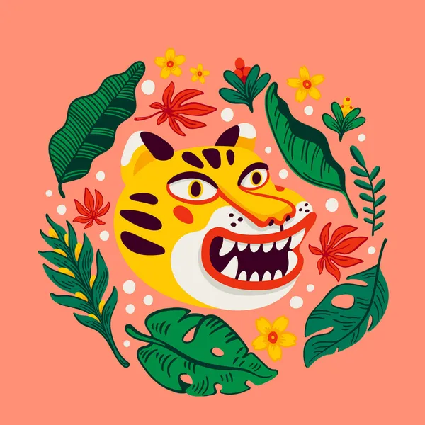 Tiger vektor huvud, tecknad tiger roligt ansikte i tropiska blommor och blad krans ram. Organisk platt stil vektor illustration. — Stock vektor