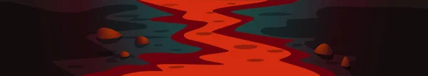 Fiume di lava, paesaggio fantastico con fiume di fuoco rosso. Illustrazione vettoriale in stile fumetto piatto — Vettoriale Stock