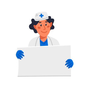 Doktor elinde boş beyaz poster, beyaz önlüklü ve şapkalı genç bir erkek doktor boş tabelayı tutuyor. Düz biçim çizgi film vektör çizimi.