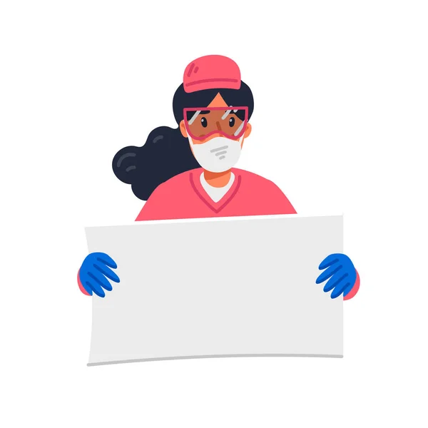 Sestra drží prázdný bílý plakát, mladá sestra v masce a růžové pláště drží prázdný nápis. Plochý styl kreslené vektorové ilustrace. — Stockový vektor