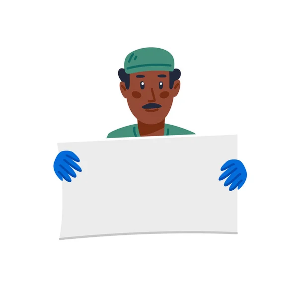 Doctor holding blank white poster, African American male doctor in green uniform hold empty sign. Flat style cartoon vector illustration — Stock Vector