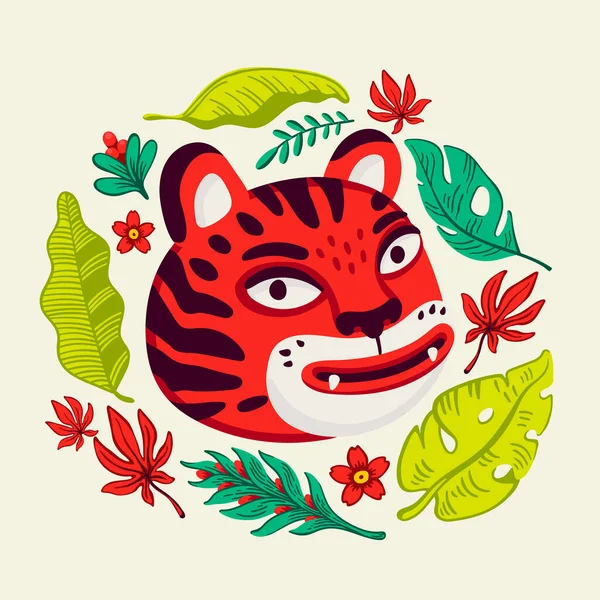 Tigervektorkopf, cartoon tiger lustiges gesicht in tropischen blumen und blätterkranz rahmen. Organische Vektorillustration im flachen Stil. — Stockvektor