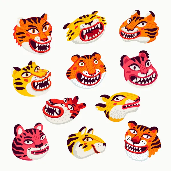 Set di teste vettoriali tigre, facce divertenti di tigre dei cartoni animati su sfondo bianco. Illustrazione vettoriale organica in stile piatto.. — Vettoriale Stock