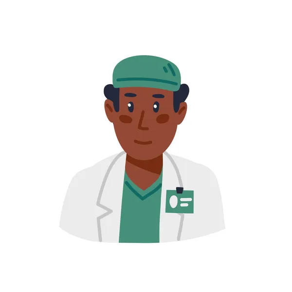 Doktore, africký americký lékař portrét v zelené uniformě. Plochý styl kreslené vektorové ilustrace. — Stockový vektor