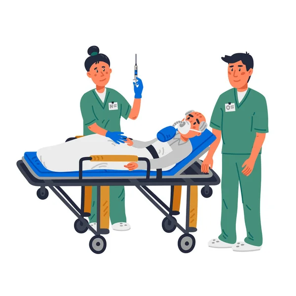 ER help, emergency workers helping an old patient on a stretcher. Flat style cartoon Vector illustration. — Stock Vector