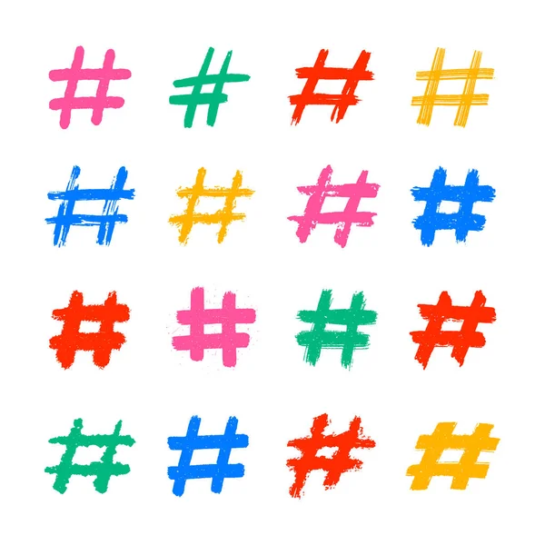 Hashtags, vector kleur tag pictogrammen op witte achtergrond. Handgetekende vector illustratie. — Stockvector