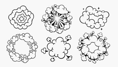 Çizgi roman bulutları, çizgi film vektör bulutları ışık arkaplanı üzerinde izole edilmiş çizgi tarzı.