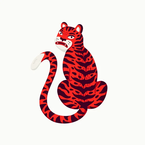 Ilustração de vetor de tigre, tigre vermelho de desenho animado - o símbolo do Ano Novo chinês. Ilustração vetorial de estilo plano orgânico sobre fundo branco. — Vetor de Stock
