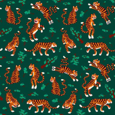 Kusursuz kaplan desenli, sevimli kaplanlı ve Japon çam dallı vektör hayvan desenli. Organik düz biçim vektör çizimi.