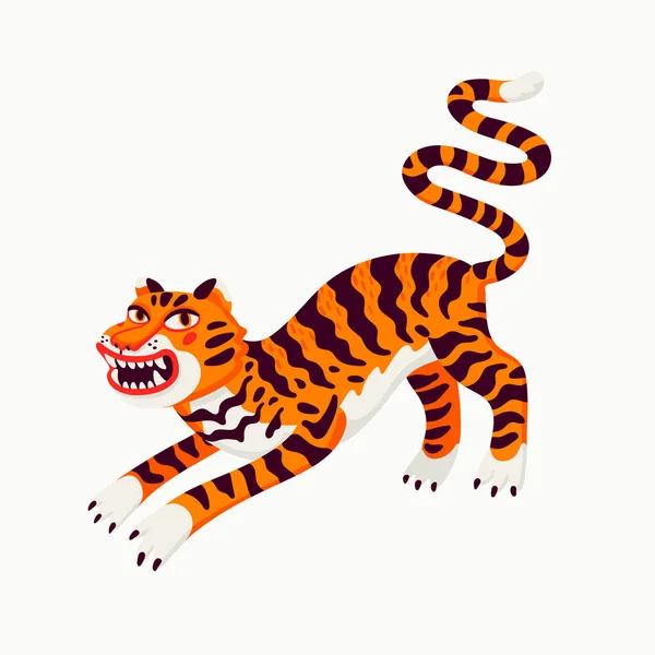 Тигровая векторная иллюстрация, мультяшный оранжевый тигр - символ китайского Нового года. Органическая векторная иллюстрация в плоском стиле на белом фоне. — стоковый вектор