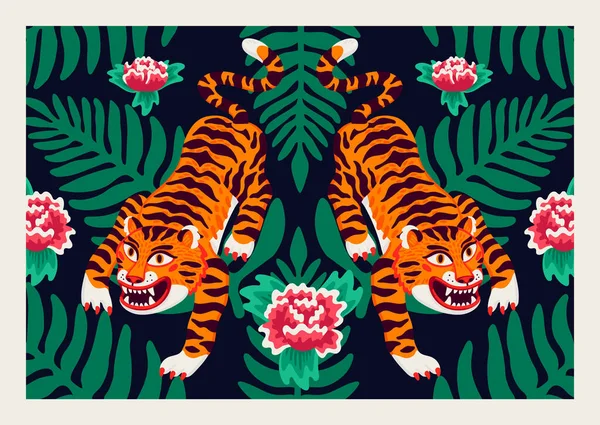 Tiger poster, vector tigers, and palm leaves and flowers in cartoon asian style. Organic flat style vector illustration — Stock Vector