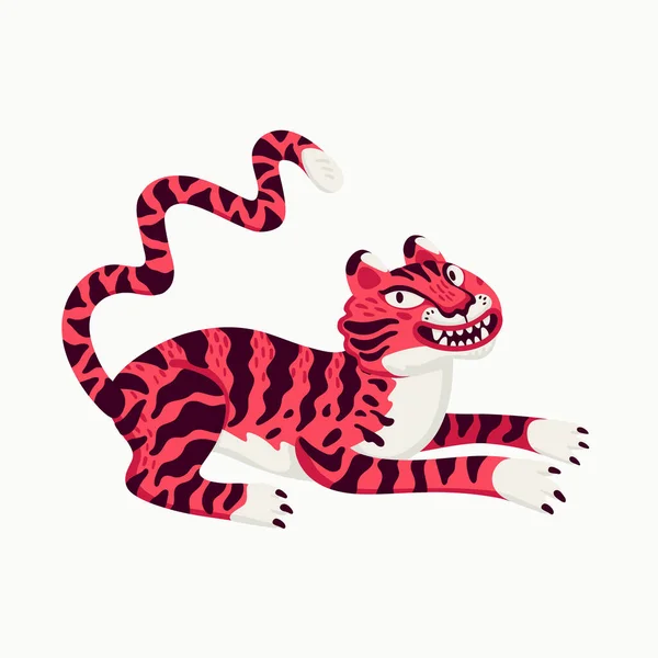 Tiger vector illustration, cartoon pink tiger - the symbol of Chinese new year. Organic flat style vector illustration on white background. — Stock Vector