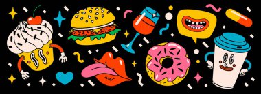 Çizgi film vektörü komik komik çizgi karakterler. Çılgın karikatürler soyut vektör koleksiyonu modaya uygun geçmişe dönük çizgi roman tarzında