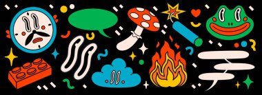 Çizgi film vektörü komik komik çizgi karakterler. Çılgın karikatürler soyut vektör koleksiyonu modaya uygun geçmişe dönük çizgi roman tarzında