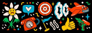 Çizgi film vektörü komik komik çizgi karakterler. Çılgın karikatürler soyut vektör koleksiyonu modaya uygun geçmişe dönük çizgi roman tarzında