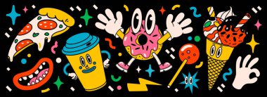 Çizgi film vektörü komik komik çizgi karakterler. Çılgın karikatürler soyut vektör koleksiyonu modaya uygun geçmişe dönük çizgi roman tarzında