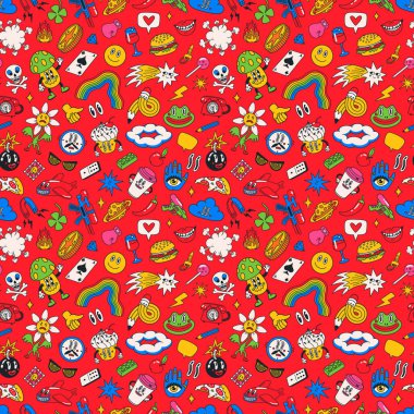 Çizgi film vektörü komik komik komik çizgi karakterler, kusursuz desen. Çılgın karikatürler soyut vektör koleksiyonu modaya uygun geçmişe dönük çizgi roman tarzında