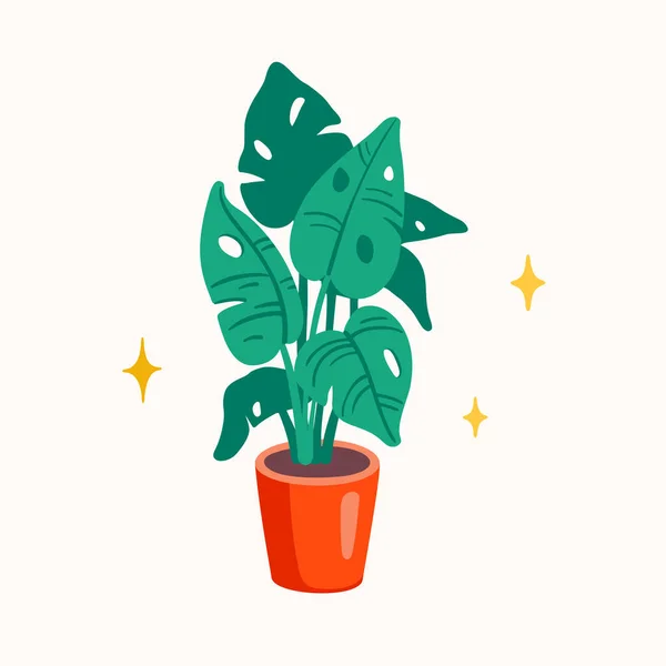 Monstera Plante Dans Pot Vecteur Plat Illustration Palmier Intérieur Tropical — Image vectorielle