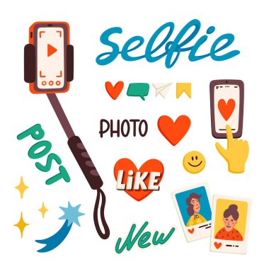 Selfie çubuğu ve blog veya vlog vektör illüstrasyonu yapmak için çıkartmalar. İnternet içeriği vektörü düz illüstrasyon için çizgi film simgeleri