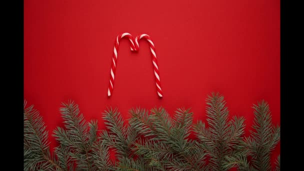 Stop Motion Weihnachtlicher Karamellrohrtanz Auf Rotem Hintergrund Mit Fichtenzweigen Urlaubskonzept — Stockvideo